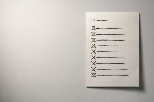 Checklist with most boxes crossed out. Space for text.