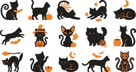 Obraz premium Set of cute black cat stickers for halloween celebration featuring various poses and festive autumn elements