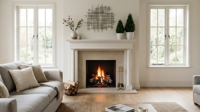Cozy living room with modern fireplace and stylish decor. Warm home interior featuring fireplace, greenery, and neutral tones.