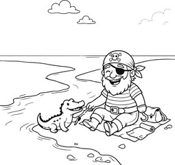 Fototapeta premium Cartoon pirate with pet crocodile on sandy beach Vector