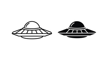 Fototapeta premium Two flying saucer silhouettes depict classic ufo shapes in a black and white graphic style silhouette flying saucer