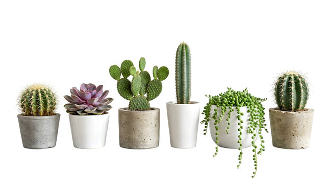 Variety of potted cacti and succulents isolated on transparent background