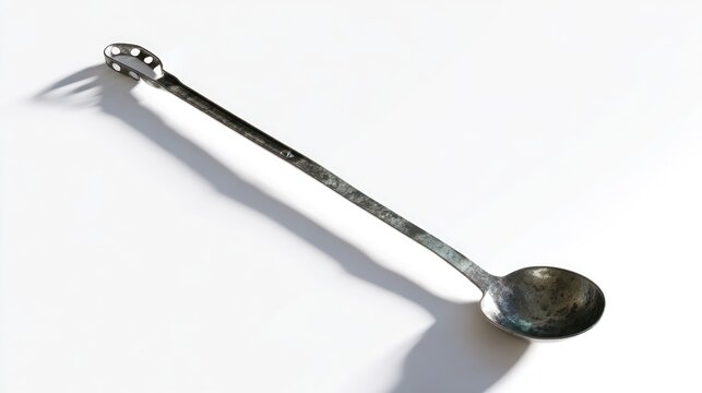 Close up of a silver spoon with long handle and shadow on a white background