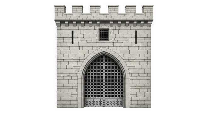 Old stone castle gate icon with metal portcullis door isolated on transparent background