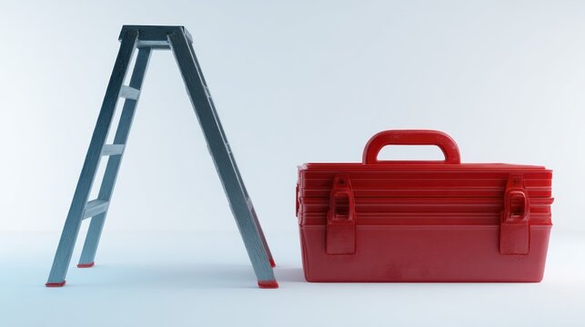 Metallic ladder and red toolbox against a clean white background studio shot