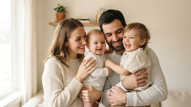 Happy family embracing in cozy living room. Loving parents holding two adorable children for a heartwarming hug.