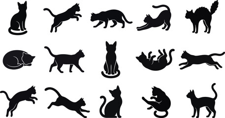 Obraz premium Collection of various black cats in different poses and actions for a spooky holiday design theme featuring a distinctive silhouette