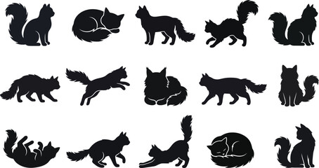 A collection of various feline poses featuring a spooky halloween cat design presented in a classic black and white silhouette © Mst