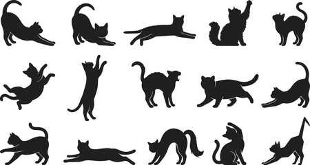 Obraz premium A collection of various playful poses featuring a black halloween cat presented in a distinct and classic flat graphic design silhouette