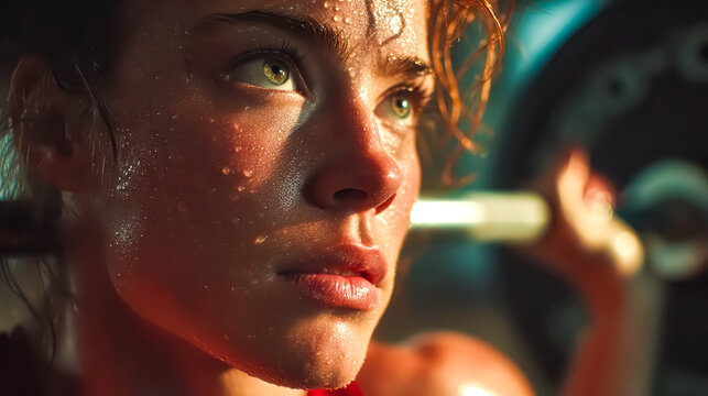 Portrait of female athlete with dumbbells and sweat drops on face in gym