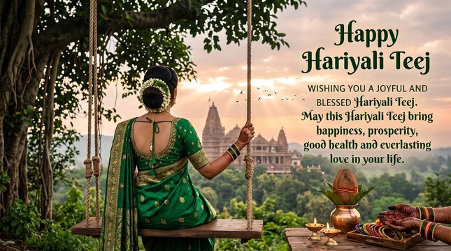 Traditional Hariyali Teej Celebration Woman in Green Sari on Swing at Sunrise with Puja Items