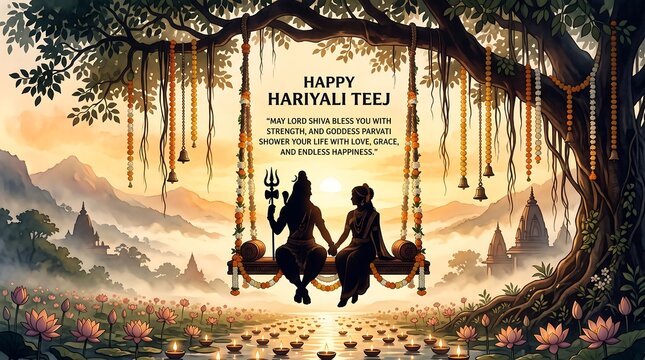 Shiva and Parvati on Floral Swing with Golden Sunrise and Lotus Pond &ndash; Hariyali Teej