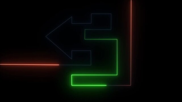 Modern left arrow made of neon green and red lines on dark background