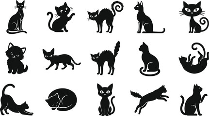 Fototapeta premium A collection of various poses of a spooky halloween cat displayed in a distinct and creative black and white silhouette