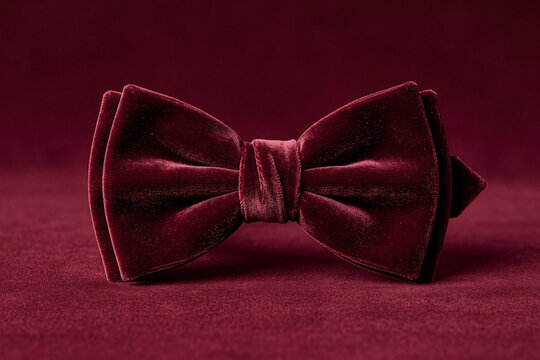 Dark red velvet bow tie resting on a matching burgundy background
