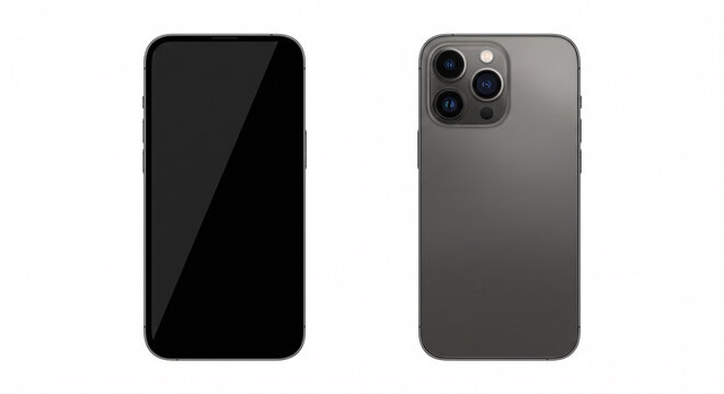 Modern grey smartphone mockup front view with blank black screen and back side with triple camera isolated on white background