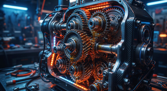 Futuristic high tech engine block with glowing neon orange lights and complex gears.