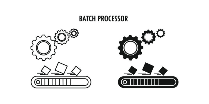 Batch processing system with gears and conveyor belt in industrial automation concept flat design