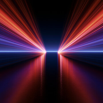 Brilliant light trails sweep through a futuristic space with remarkable speed. Curved glowing paths create a vivid sense of endless motion. Clean abstract vector illustration.