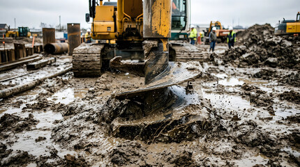 Fototapeta premium Excavator drilling into muddy ground. Heavy machinery working at a construction site.