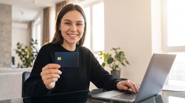 Smiling young woman holding credit card while using laptop for online mortgage payment, digital banking, personal finance management and property loan transaction in bright modern apartment interior.