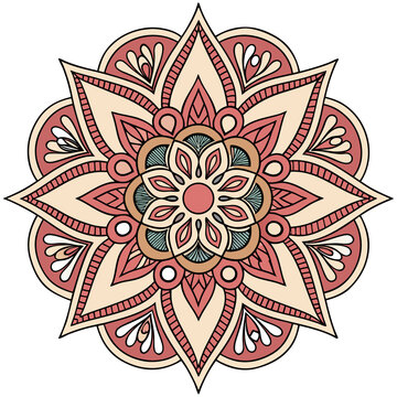 Hand drawn mandala with earthy warm tones and floral shapes