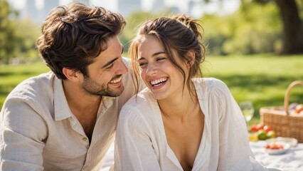 Fototapeta premium Tight portrait of couple laughing on green lawn during a sun-drenched picnic. Bright airy visual for summer romance and outdoor leisure.