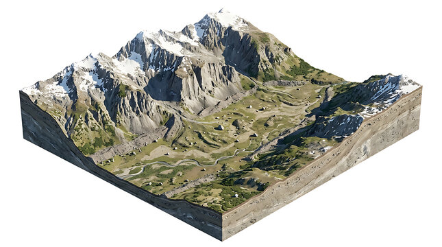 Isometric 3D geological cross section of snowy mountains landscape isolated