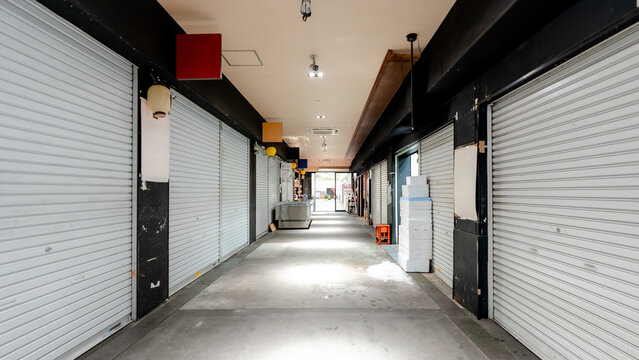 Quiet corridor in Tokyo's Tsukiji Market with closed stalls