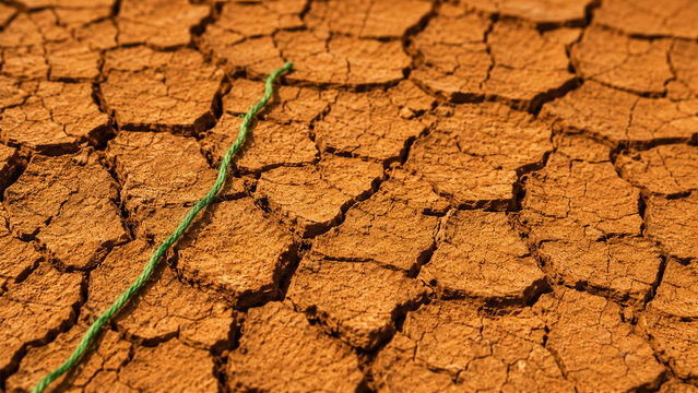 Single Green Thread Lying on Severely Cracked Dry Desert Earth Surface Showing Climate Change Drought and Water Scarcity Crisis Concept, Last Green Thread Hope Environmental Warning
