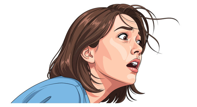 Young woman with short brown hair looking surprised with hand on face.