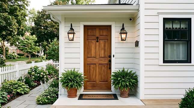 Charming white house entrance with wooden door and lanterns. Elegant front porch featuring potted greenery and classic decor.