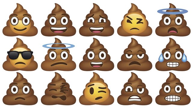 Set of poop emojis with various facial expressions. Funny brown pile icons for social media.