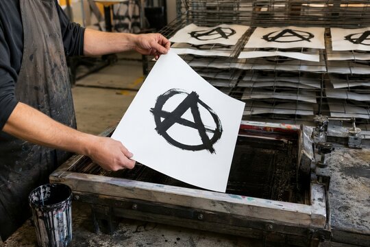 Anarchism symbol on art paper during printing process