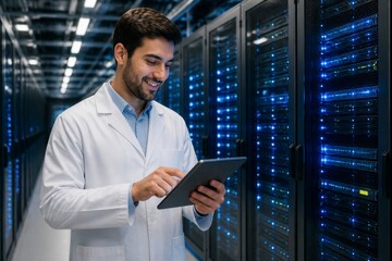 Fototapeta premium Technician using tablet in server room with rack lights