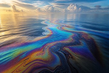 Obraz premium Ocean surface showing rainbow oil slick spreading at sunset