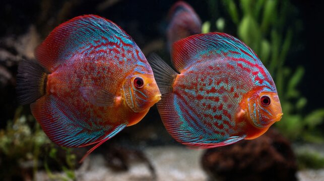 Two vibrant red and teal discus fish swimming in planted aquarium