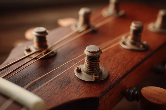 Close up of guitar tuning pegs and headstock showing the strings and wood grain