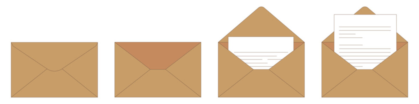 Kraft paper envelopes set with open and closed letter opening sequence. Vector illustration of brown craft paper mail envelope, letter insertion message template collection.