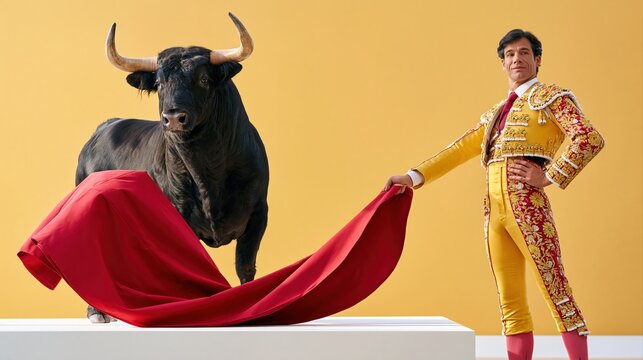 Bullfighter holding red cape with bull