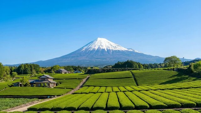 Iconic Mount Fuji overlooks lush green tea fields and traditional Japanese houses