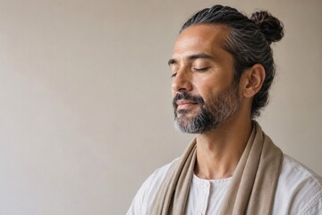 Obraz premium Calm bearded man meditating with closed eyes