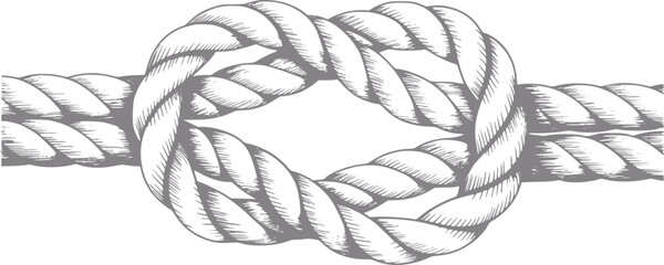 A detailed black and white of a sturdy nautical reef knot tied in a thick twisted fiber rope © Papri_stock