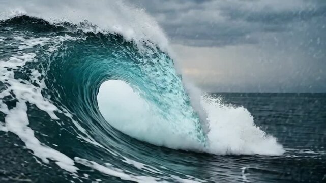 Powerful Ocean Wave: A colossal ocean wave crests and curls, its translucent turquoise water illuminated by dramatic stormy skies, showcasing nature's immense power and beauty.