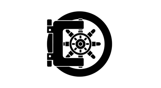 Black silhouette icon of a secure bank vault door with a locking wheel mechanism.