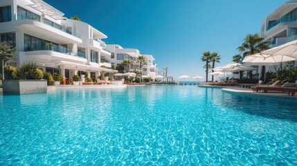 Fototapeta premium Luxury resort infinity pool with white architecture and palm trees on sunny day
