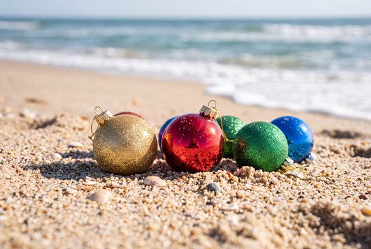 Colorful christmas baubles on sandy beach shore with ocean waves for summer holiday ornament banner and coastal festive background