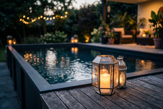 Evening backyard pool scene with lanterns and candlelight for cozy outdoor background and relaxation banner design
