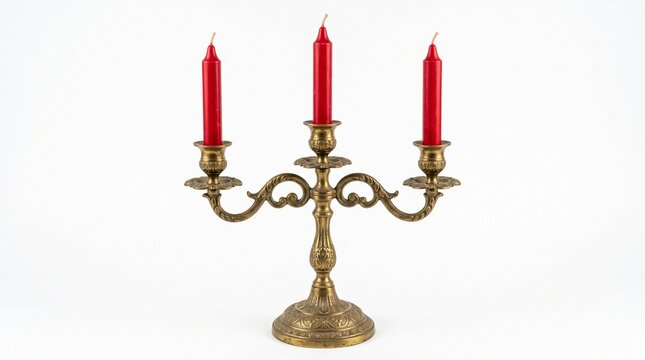 Elegant vintage brass candelabra holding three unlit red wax candles isolated on white background with displays ornate antique candles
