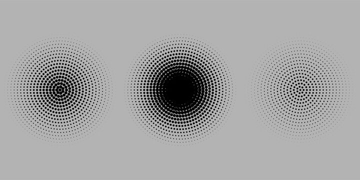 Set of halftone dots gradient pattern texture isolated on white background. Straight dotted spots using halftone circle dot raster texture. Vector blot half tone collection.